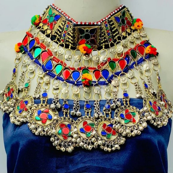 Massive Necklace, Tribal Afghan Multicolor Layered Choker Necklace, Handmade - Picture 1 of 9